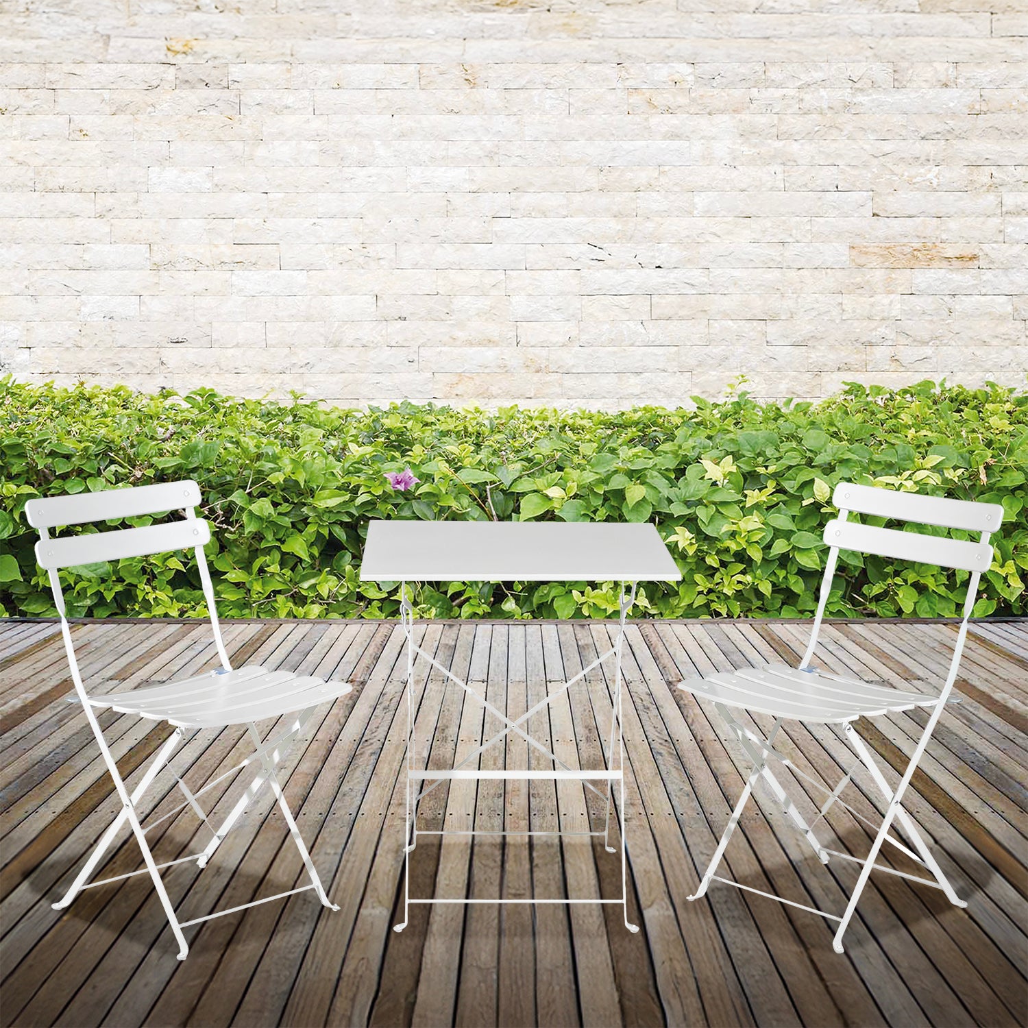 VESTIAMO CASA GIARDINO - Set giardino Bistrot tavolo 60x60 cm e 2 sedie pieghevoli in acciaio Bianco